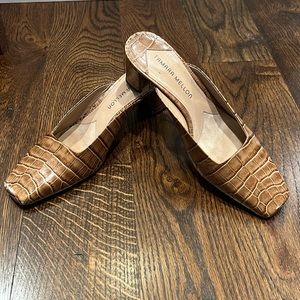 Tamara Mellon block heel saddle stamped croc tan slide